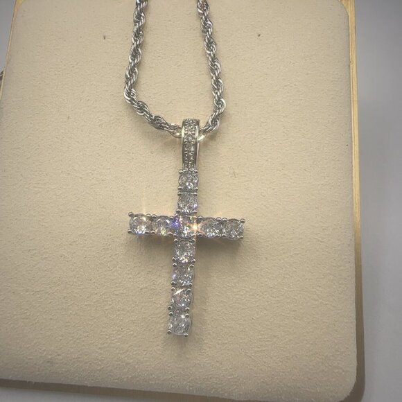 Cubic Zirconia Cross Pendant Necklace With Rope Chain Stainless Steel Silver Pla - Picture 6 of 7